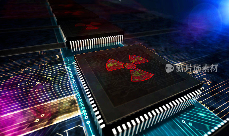 Processor factory with burning cyber attack with nuclear symbol 3d插图
